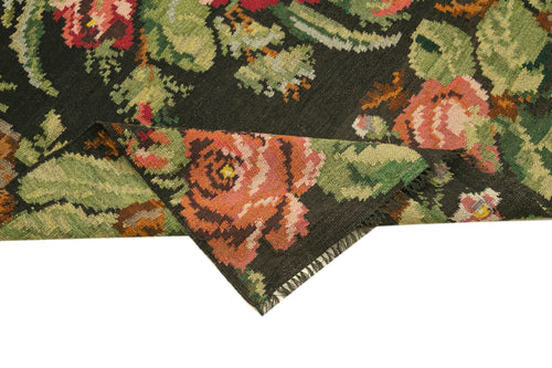 Moldovian Floral Siyah Çiçekli Pamuk Keçi Tüyü Yün El Dokuma Halısı 173x455 Agacan