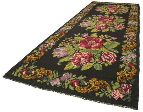 Moldovian Floral Siyah Çiçekli Pamuk Keçi Tüyü Yün El Dokuma Halısı 184x530 Agacan