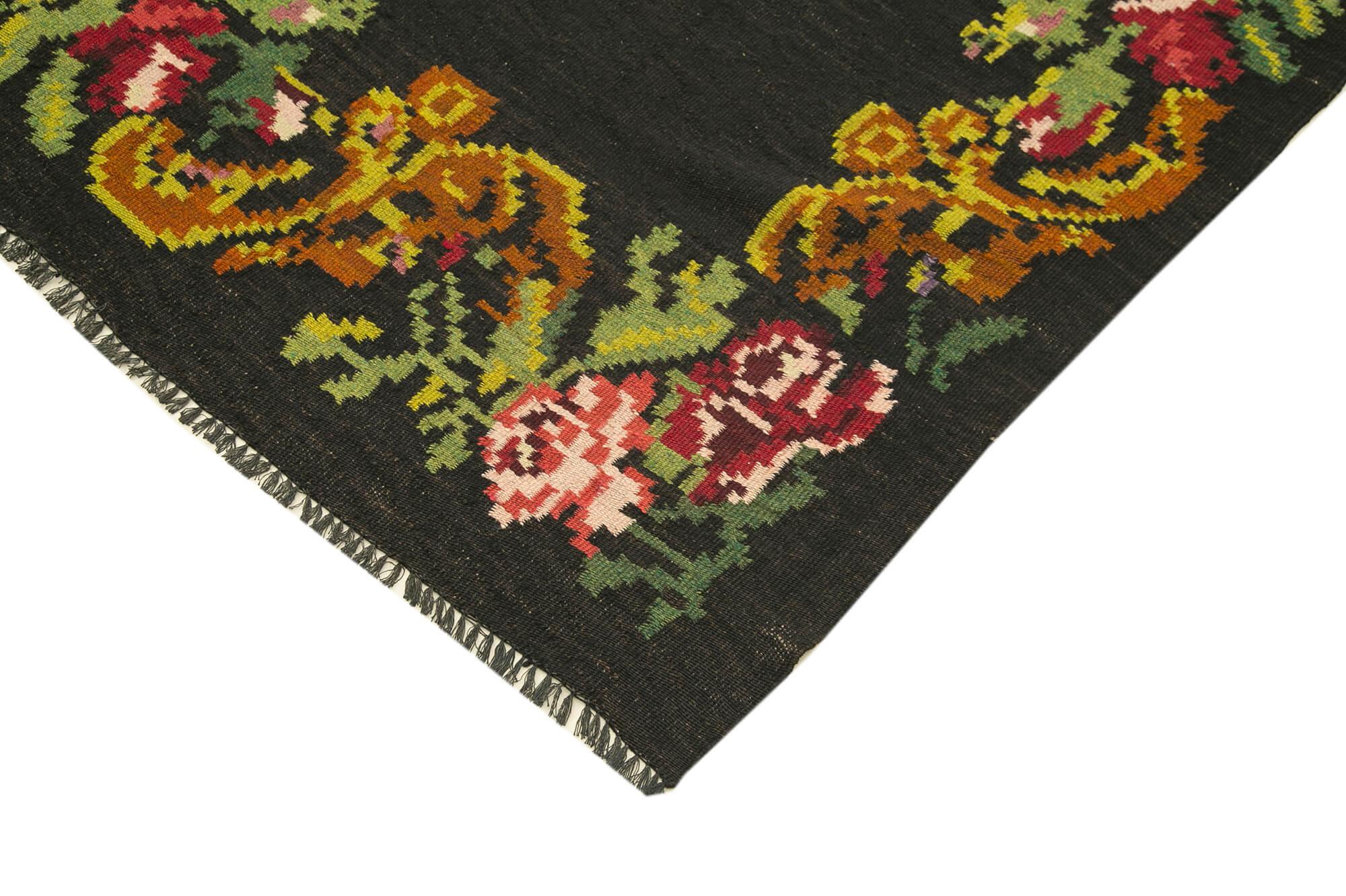 Moldovian Floral Siyah Çiçekli Pamuk Keçi Tüyü Yün El Dokuma Halısı 184x530 Agacan