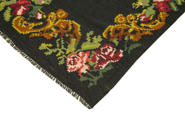 Moldovian Floral Siyah Çiçekli Pamuk Keçi Tüyü Yün El Dokuma Halısı 184x530 Agacan