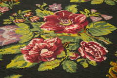 Moldovian Floral Siyah Çiçekli Pamuk Keçi Tüyü Yün El Dokuma Halısı 184x530 Agacan