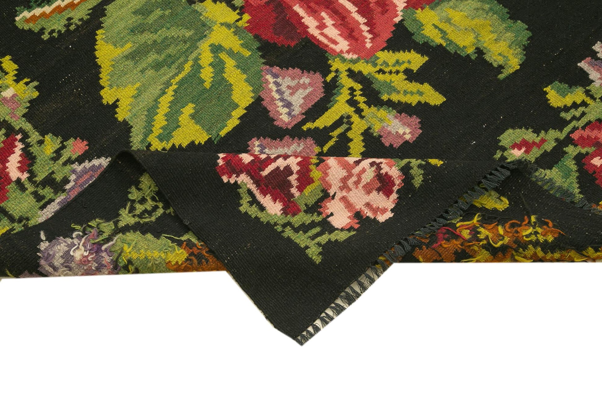 Moldovian Floral Siyah Çiçekli Pamuk Keçi Tüyü Yün El Dokuma Halısı 184x530 Agacan