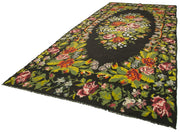 Moldovian Floral Siyah Çiçekli Pamuk Keçi Tüyü Yün El Dokuma Halısı 210x513 Agacan