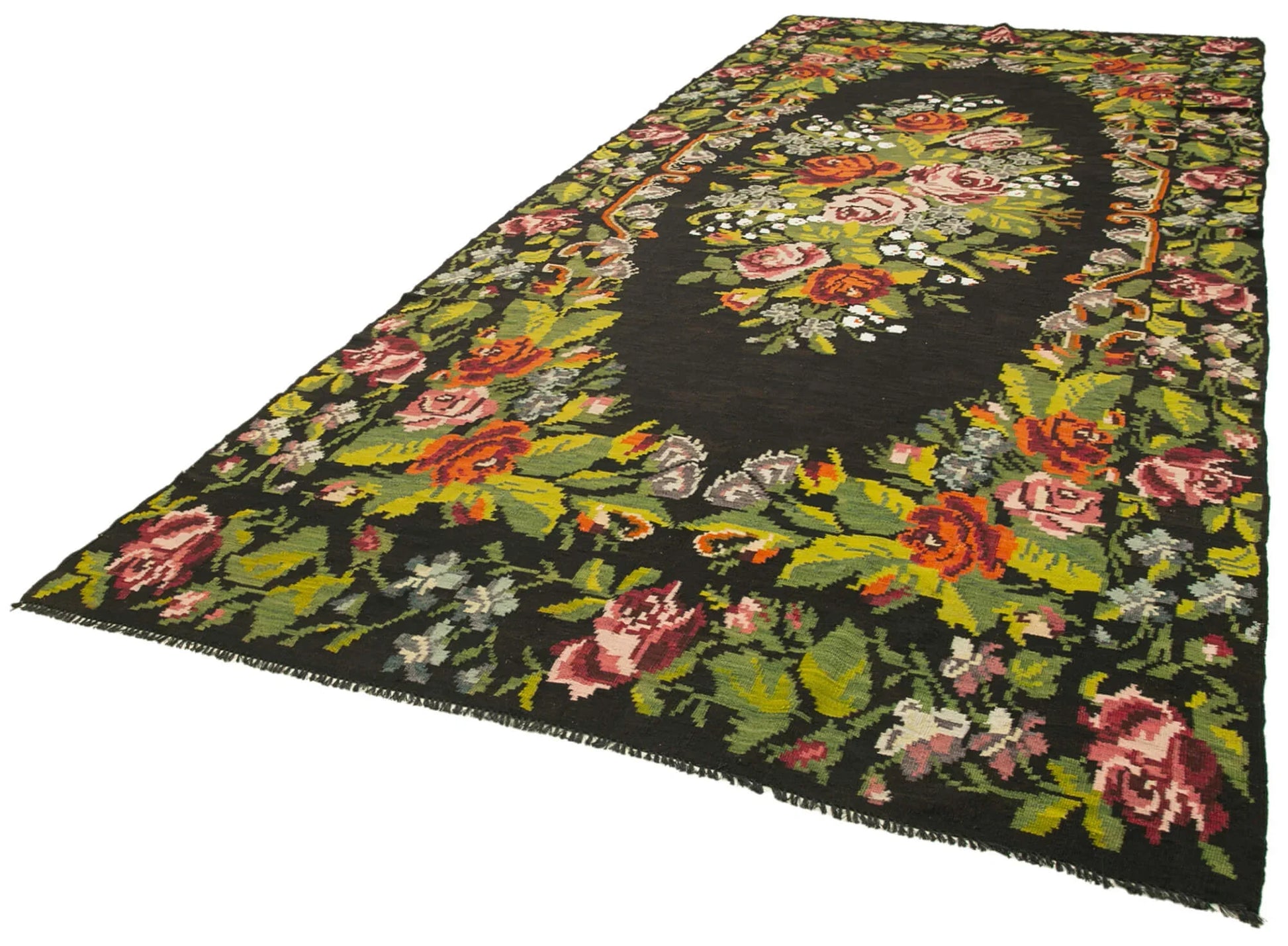 Moldovian Floral Siyah Çiçekli Pamuk Keçi Tüyü Yün El Dokuma Halısı 210x513 Agacan