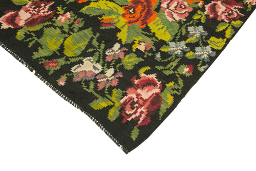 Moldovian Floral Siyah Çiçekli Pamuk Keçi Tüyü Yün El Dokuma Halısı 210x513 Agacan