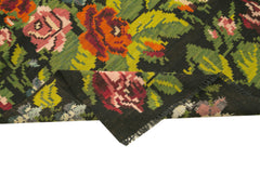 Moldovian Floral Siyah Çiçekli Pamuk Keçi Tüyü Yün El Dokuma Halısı 210x513 Agacan