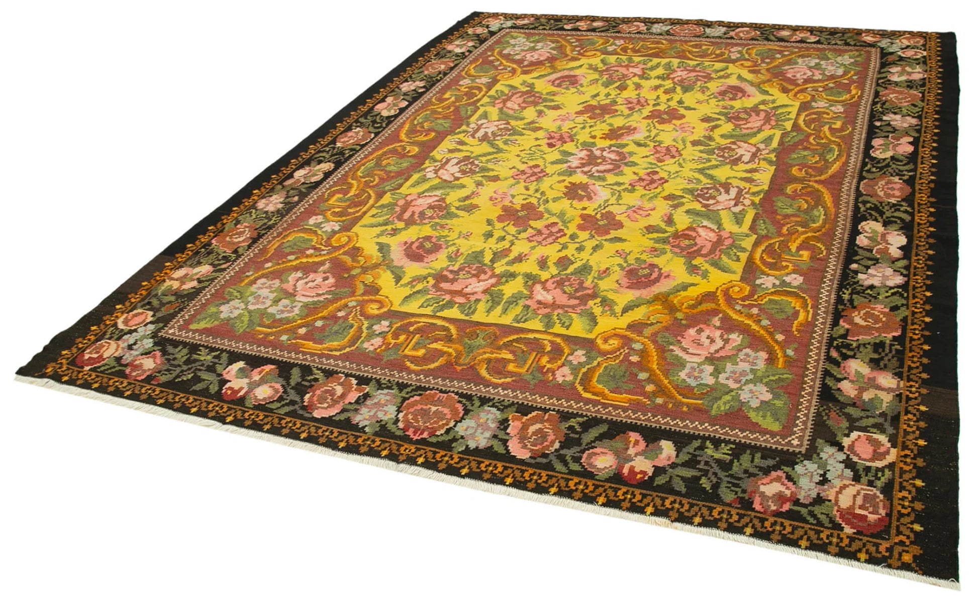 Moldovian Floral Siyah Çiçekli Pamuk Yün Keçi Tüyü El Dokuma Halısı 232x305 Agacan