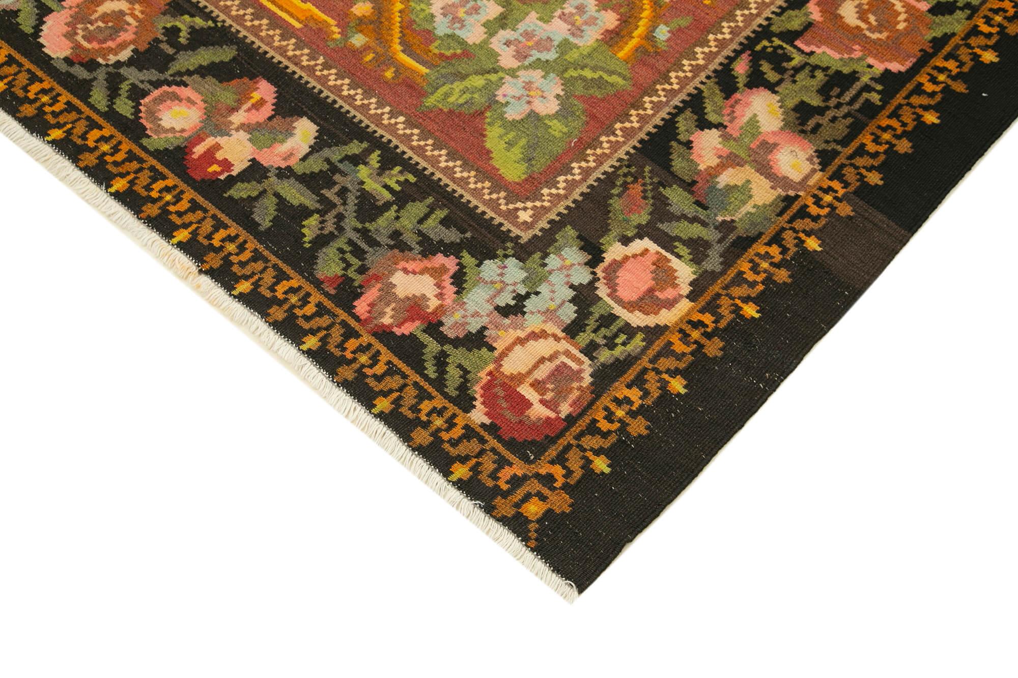 Moldovian Floral Siyah Çiçekli Pamuk Yün Keçi Tüyü El Dokuma Halısı 232x305 Agacan