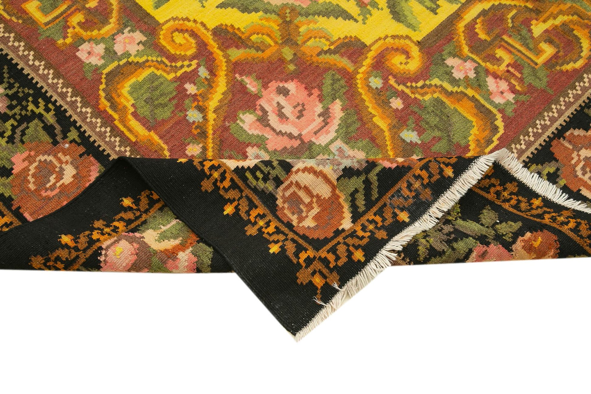 Moldovian Floral Siyah Çiçekli Pamuk Yün Keçi Tüyü El Dokuma Halısı 232x305 Agacan