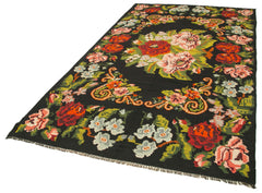 Moldovian Floral Siyah Çiçekli Pamuk Yün Keçi Tüyü El Dokuma Halısı 175x320 Agacan