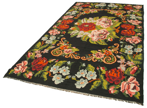 Moldovian Floral Siyah Çiçekli Pamuk Yün Keçi Tüyü El Dokuma Halısı 175x320 Agacan