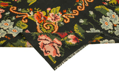 Moldovian Floral Siyah Çiçekli Pamuk Yün Keçi Tüyü El Dokuma Halısı 175x320 Agacan