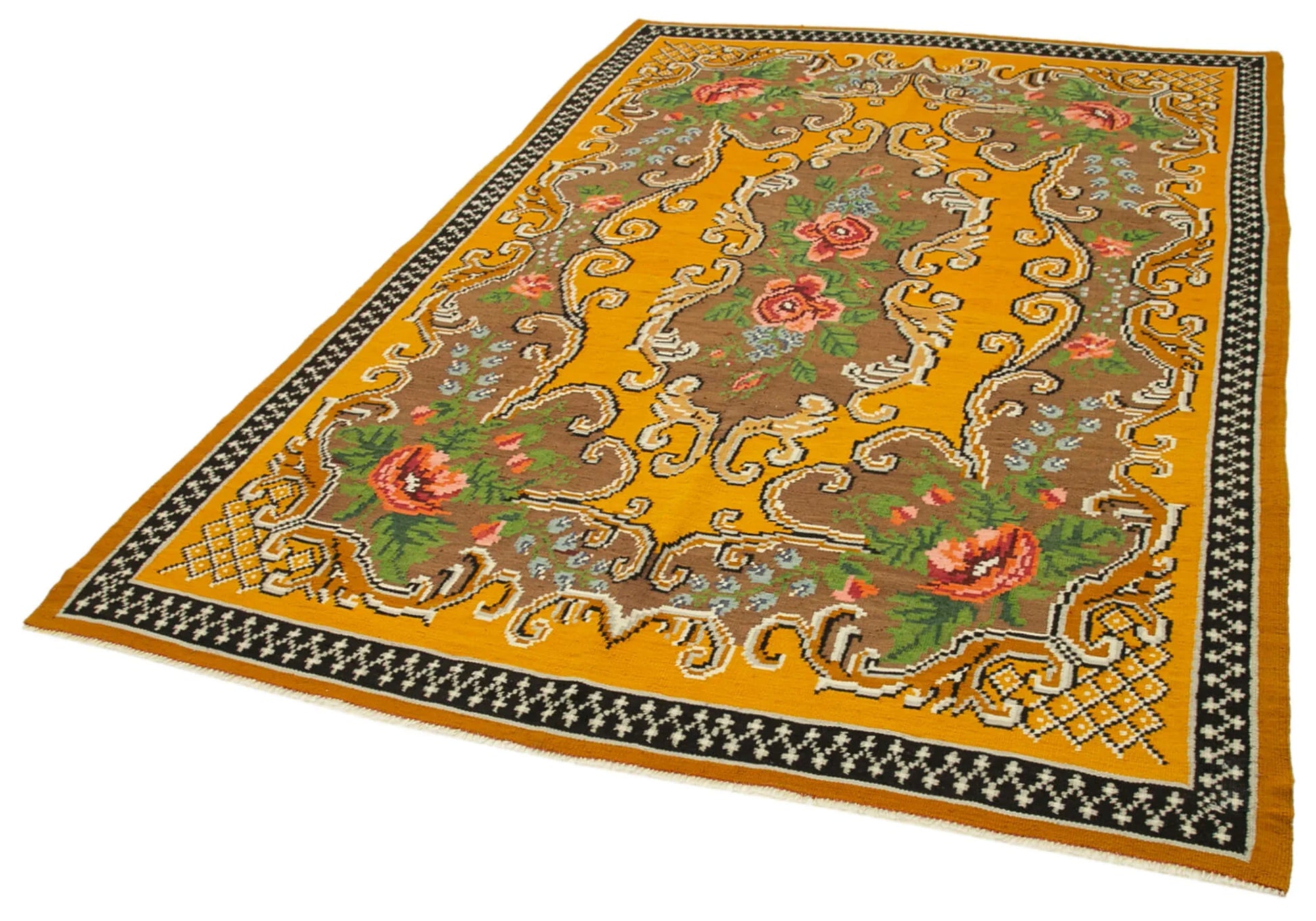 Moldovian Floral Sarı Çiçekli Pamuk Yün Keçi Tüyü El Dokuma Halısı 185x270 Agacan