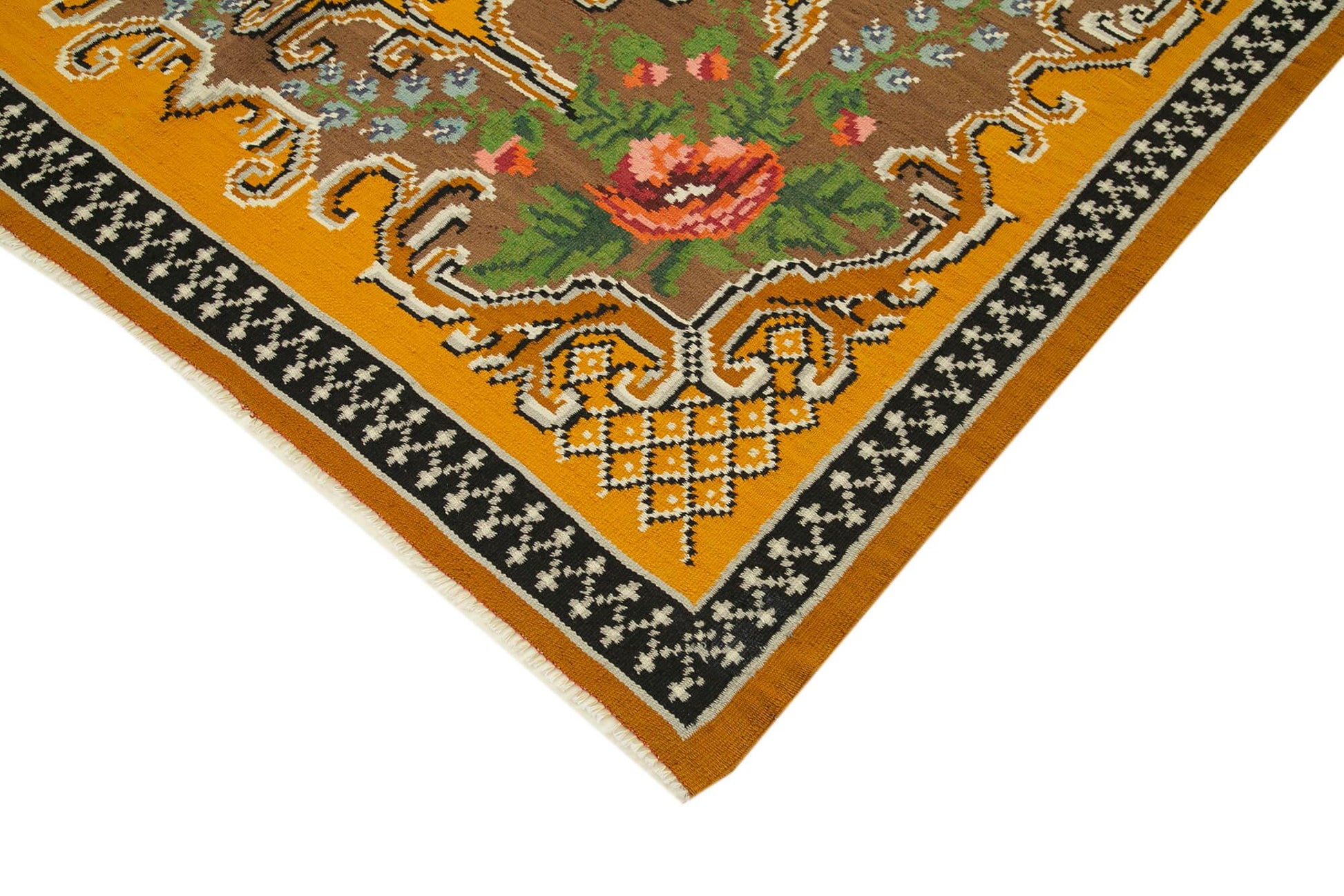 Moldovian Floral Sarı Çiçekli Pamuk Yün Keçi Tüyü El Dokuma Halısı 185x270 Agacan