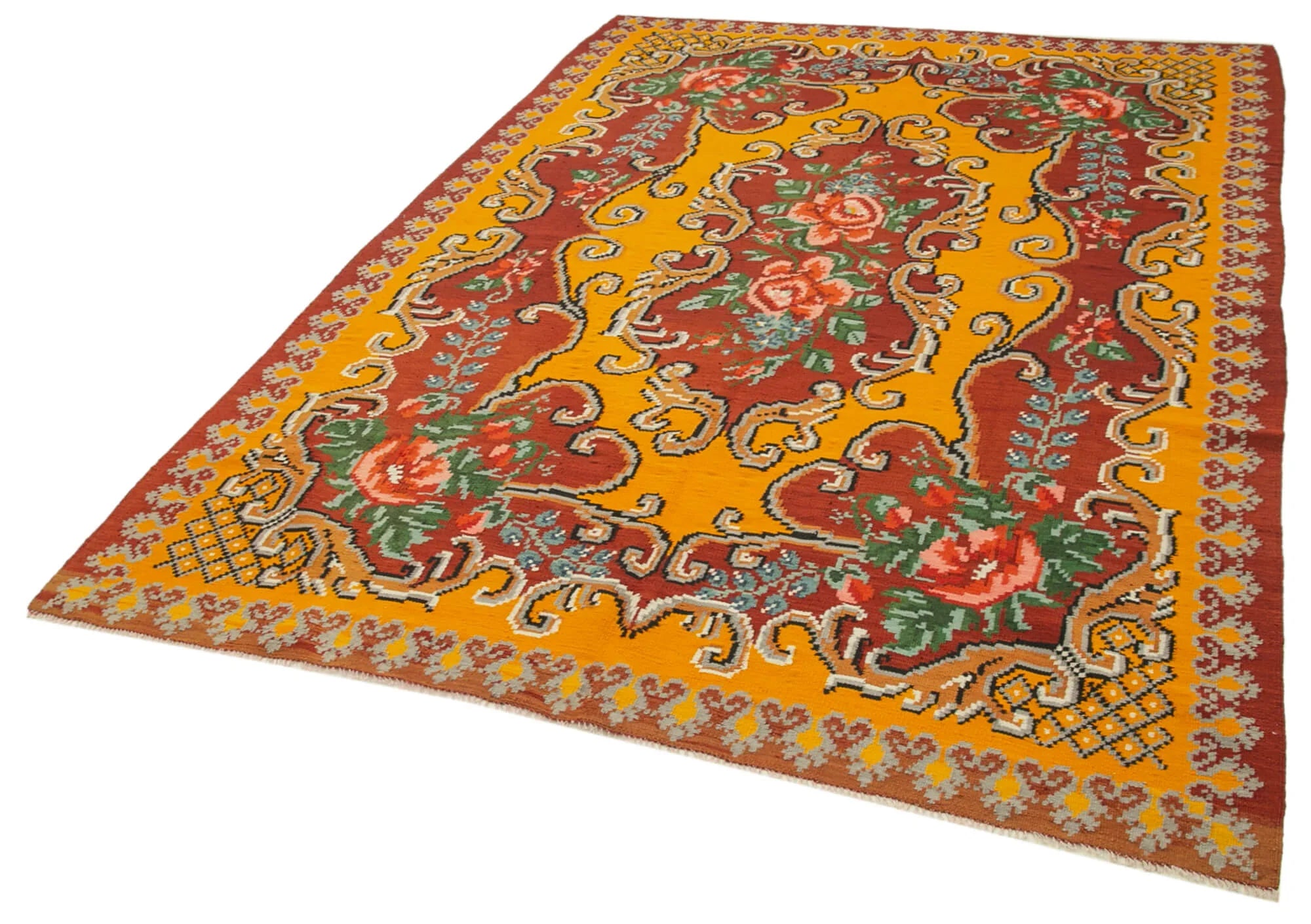 Moldovian Floral Kırmızı Çiçekli Pamuk Yün Keçi Tüyü El Dokuma Halısı 192x275 Agacan