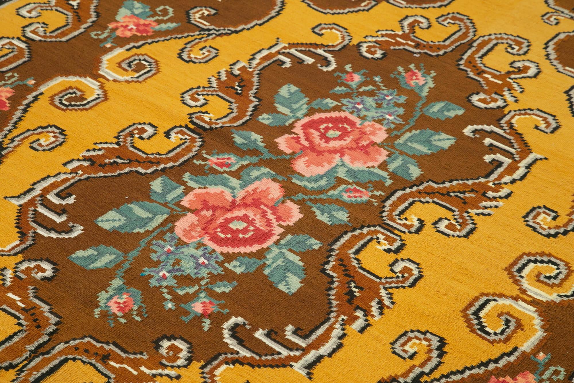 Moldovian Floral Kahverengi Çiçekli Pamuk Yün Keçi Tüyü El Dokuma Halısı 176x262 Agacan