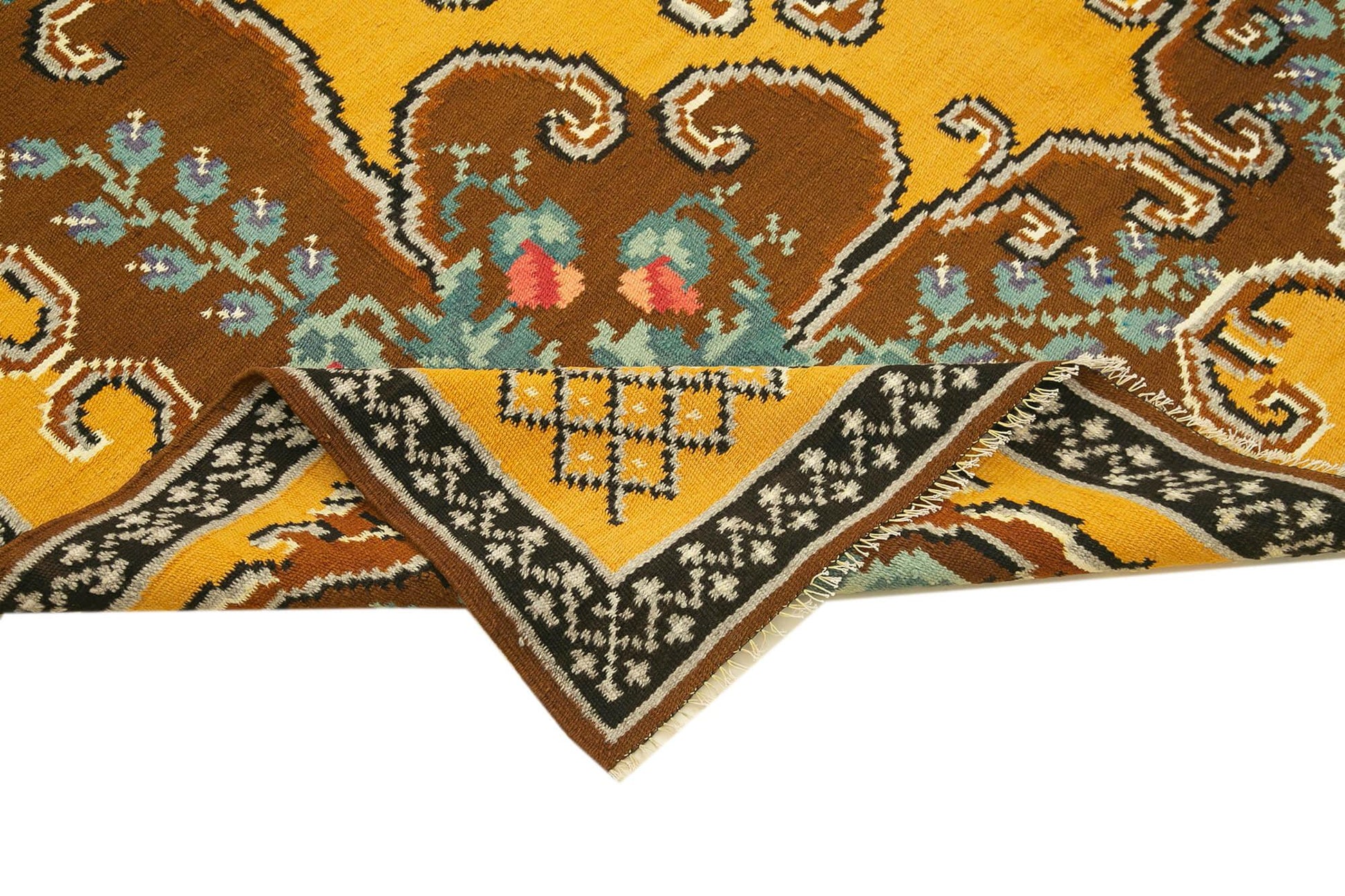 Moldovian Floral Kahverengi Çiçekli Pamuk Yün Keçi Tüyü El Dokuma Halısı 176x262 Agacan