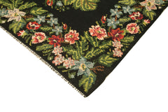 Moldovian Floral Siyah Çiçekli Pamuk Keçi Tüyü Yün El Dokuma Halısı 188x437 Agacan