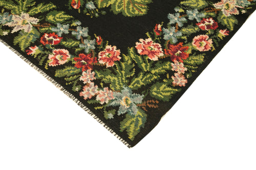 Moldovian Floral Siyah Çiçekli Pamuk Keçi Tüyü Yün El Dokuma Halısı 188x437 Agacan