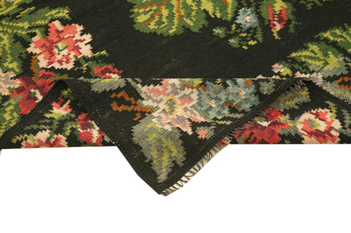 Moldovian Floral Siyah Çiçekli Pamuk Keçi Tüyü Yün El Dokuma Halısı 188x437 Agacan