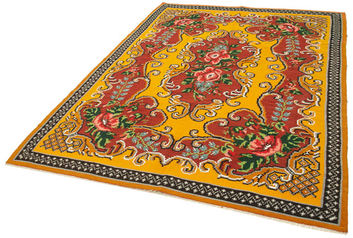 Moldovian Floral Sarı Çiçekli Pamuk Yün Keçi Tüyü El Dokuma Halısı 182x246 Agacan