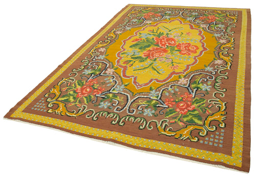 Moldovian Floral Kahverengi Çiçekli Pamuk Yün Keçi Tüyü El Dokuma Halısı 200x297 Agacan