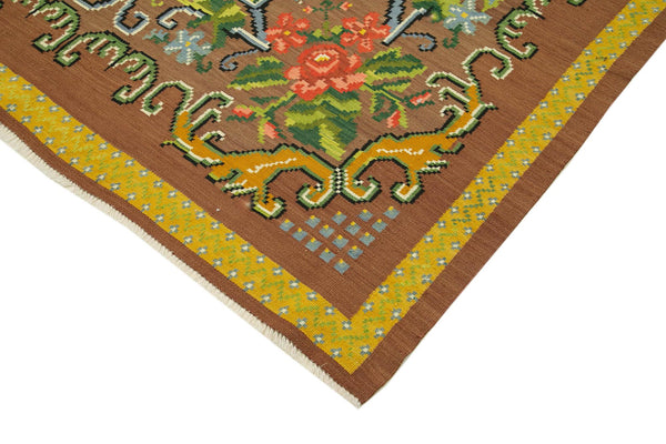 Moldovian Floral Kahverengi Çiçekli Pamuk Yün Keçi Tüyü El Dokuma Halısı 200x297 Agacan