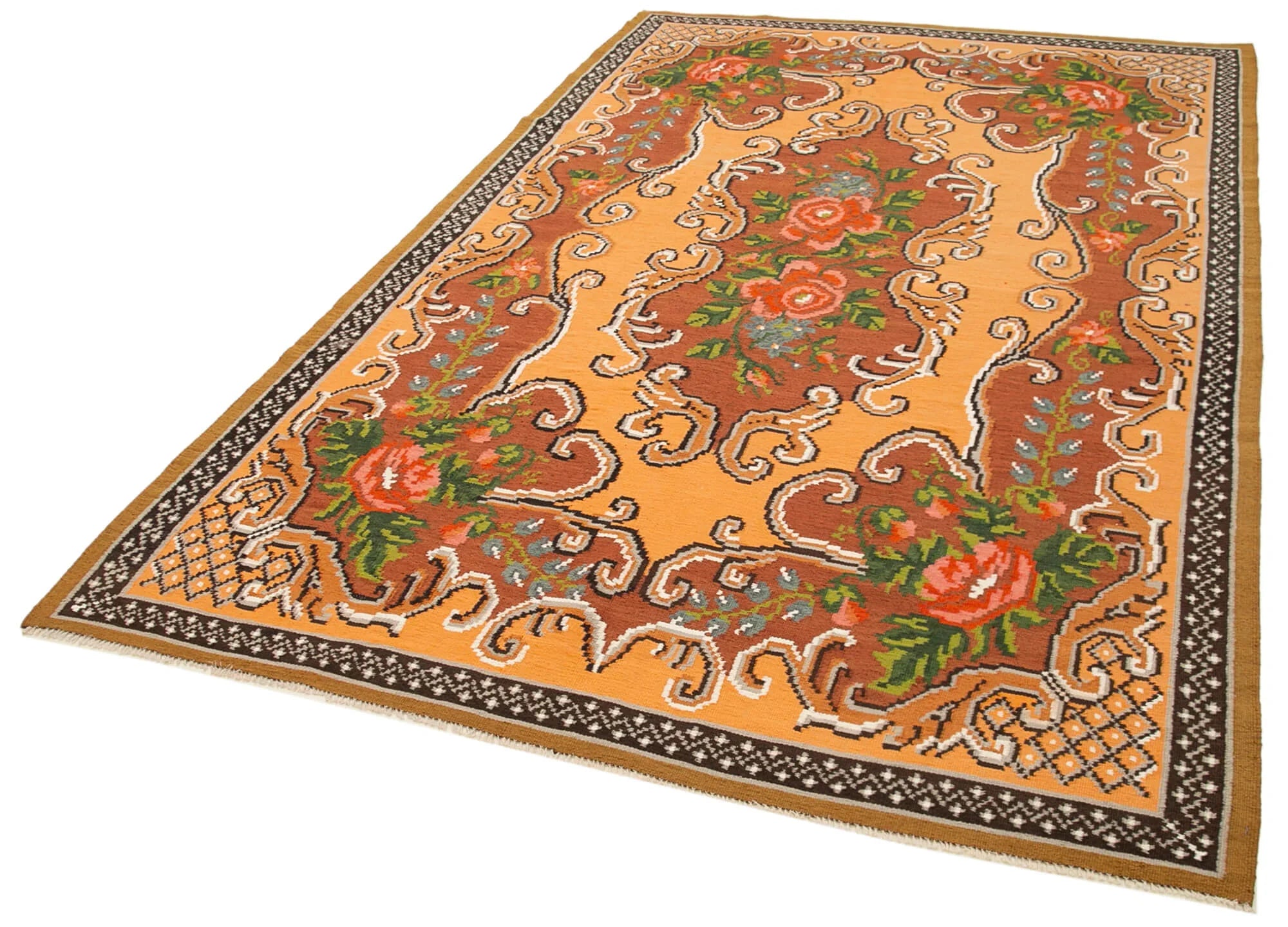 Moldovian Floral Kahverengi Çiçekli Pamuk Yün Keçi Tüyü El Dokuma Halısı 175x283 Agacan