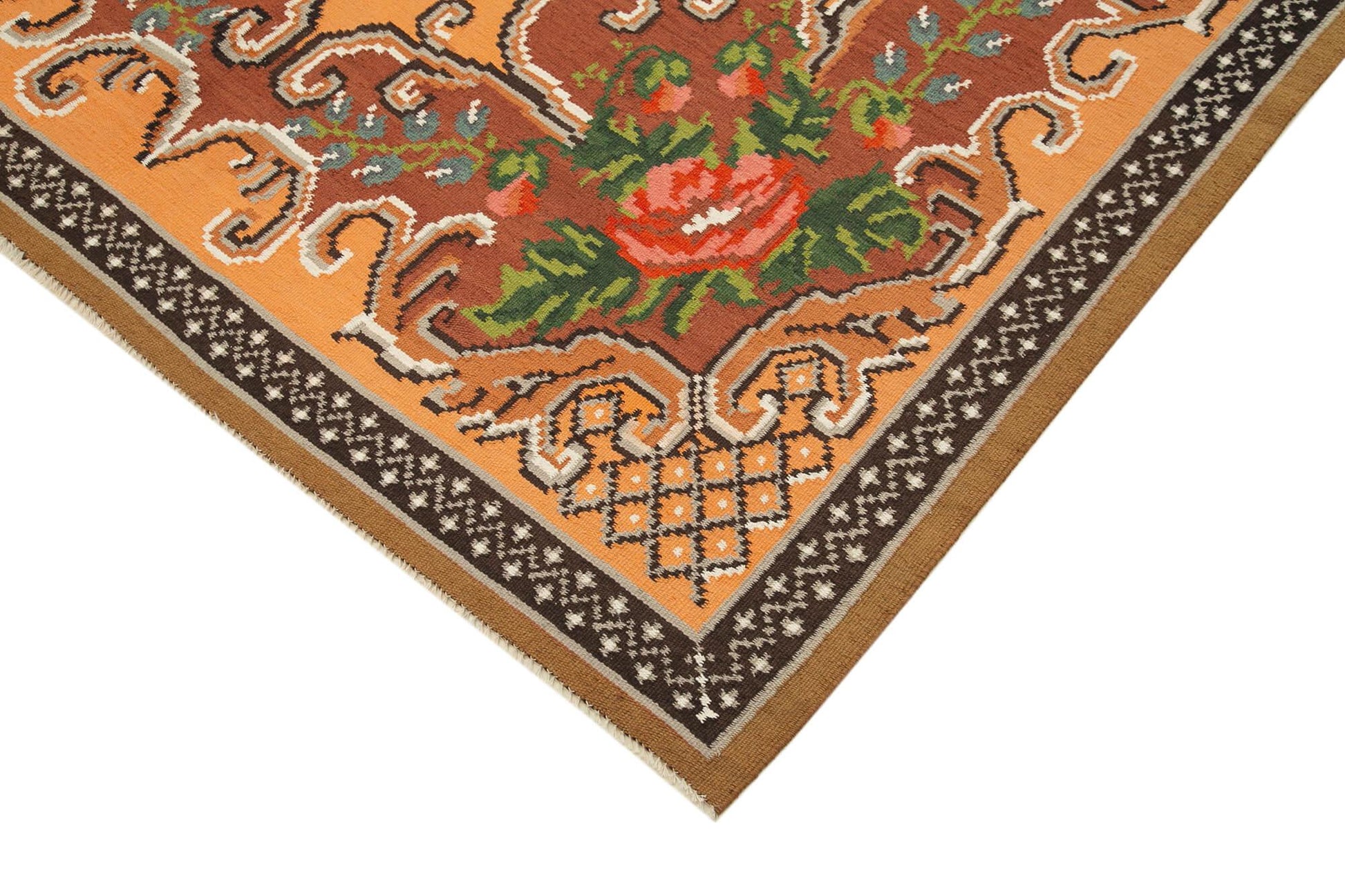 Moldovian Floral Kahverengi Çiçekli Pamuk Yün Keçi Tüyü El Dokuma Halısı 175x283 Agacan