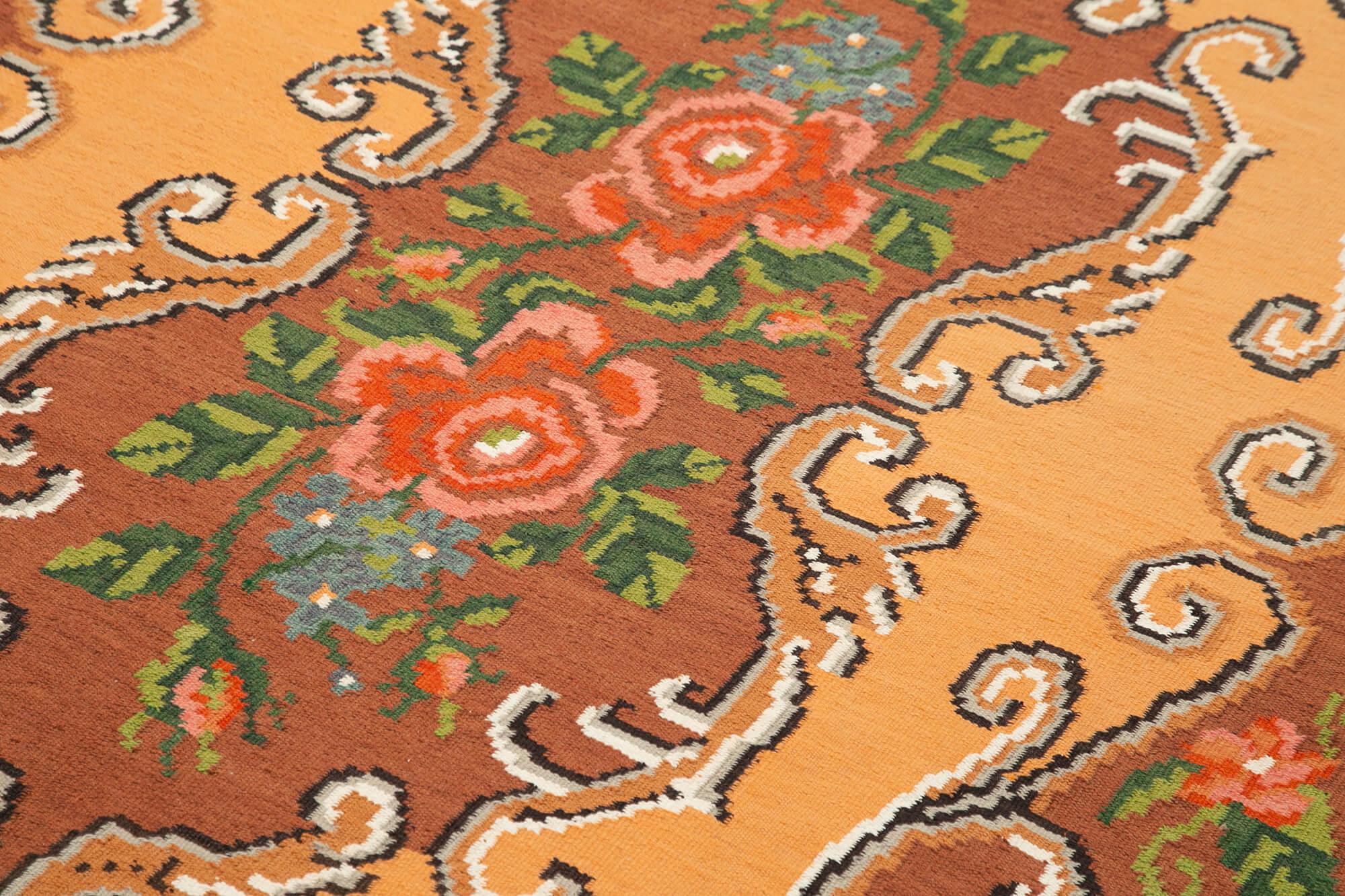Moldovian Floral Kahverengi Çiçekli Pamuk Yün Keçi Tüyü El Dokuma Halısı 175x283 Agacan
