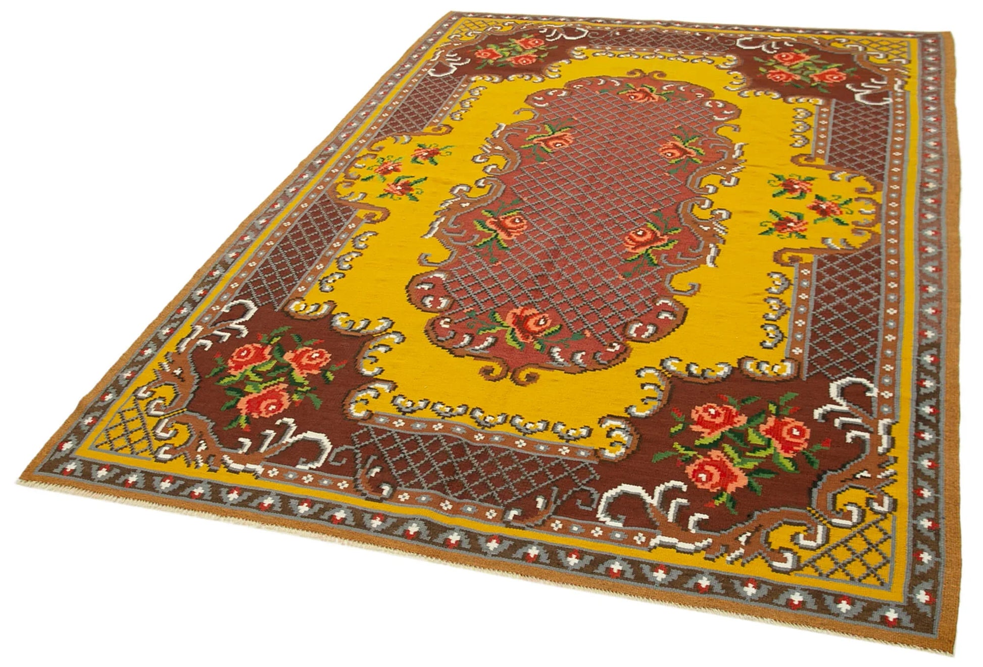 Moldovian Floral Kırmızı Çiçekli Pamuk Yün Keçi Tüyü El Dokuma Halısı 173x263 Agacan