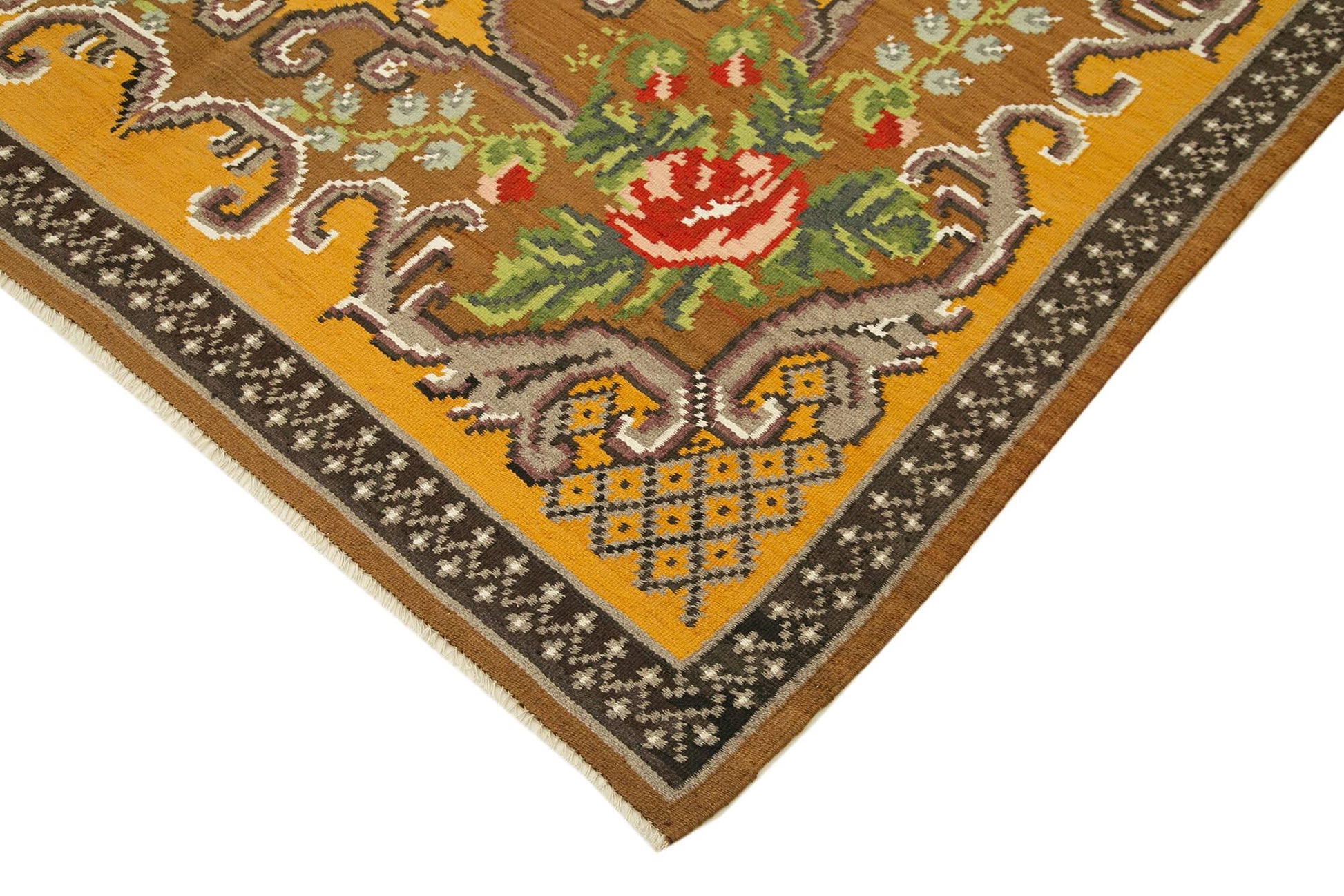 Moldovian Floral Kahverengi Çiçekli Pamuk Yün Keçi Tüyü El Dokuma Halısı 183x280 Agacan