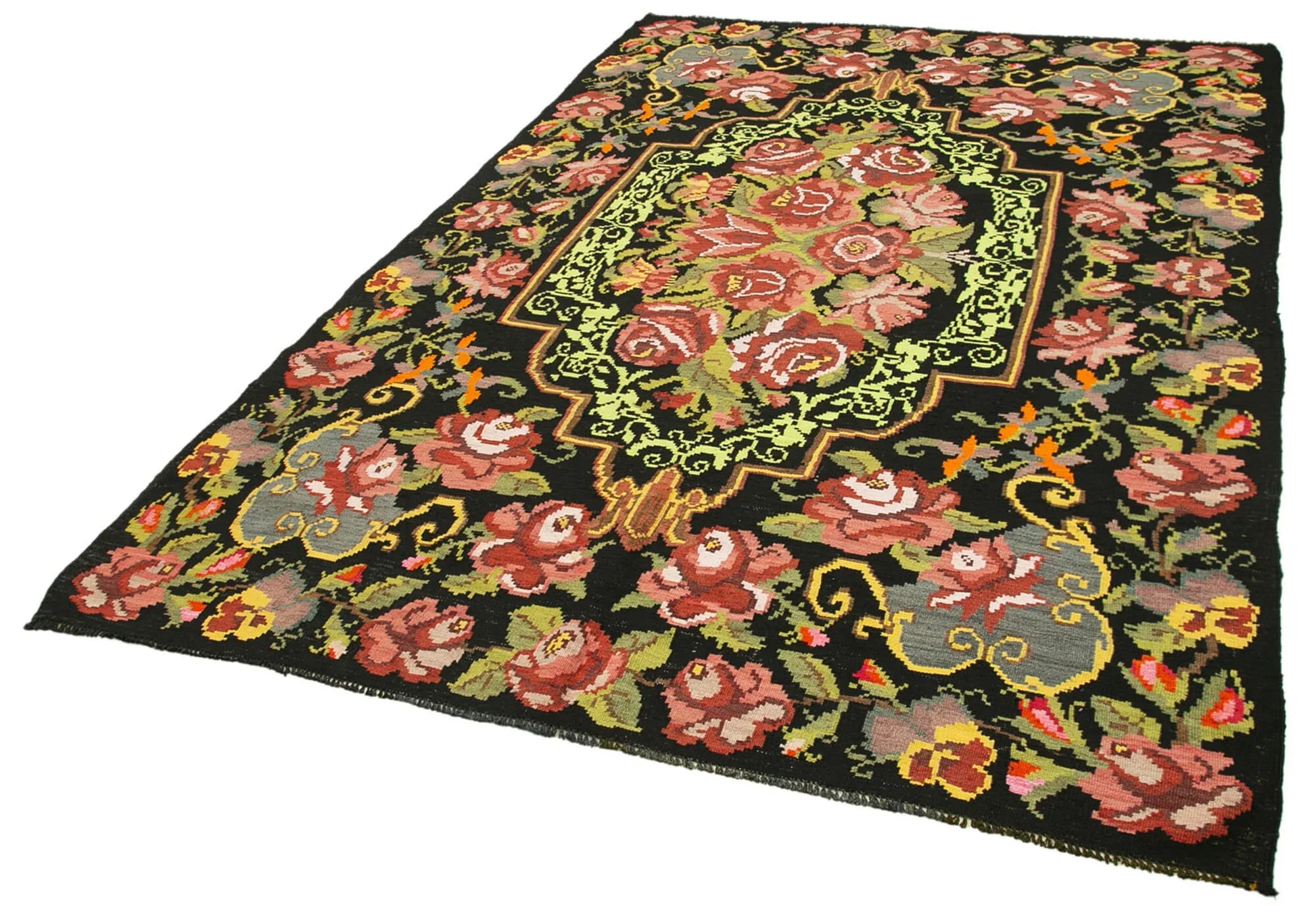Moldovian Floral Siyah Çiçekli Pamuk Yün Keçi Tüyü El Dokuma Halısı 187x289 Agacan