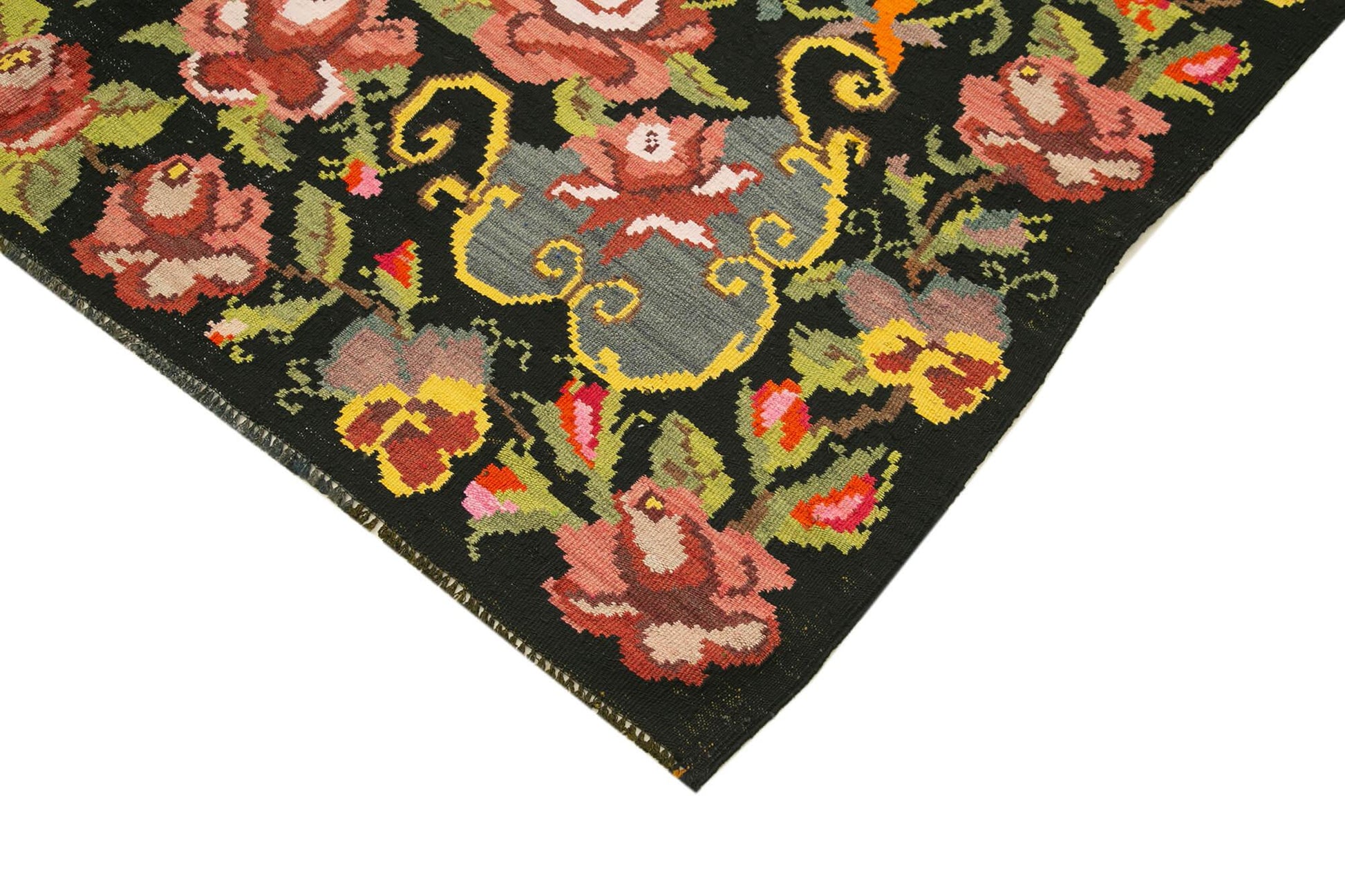 Moldovian Floral Siyah Çiçekli Pamuk Yün Keçi Tüyü El Dokuma Halısı 187x289 Agacan