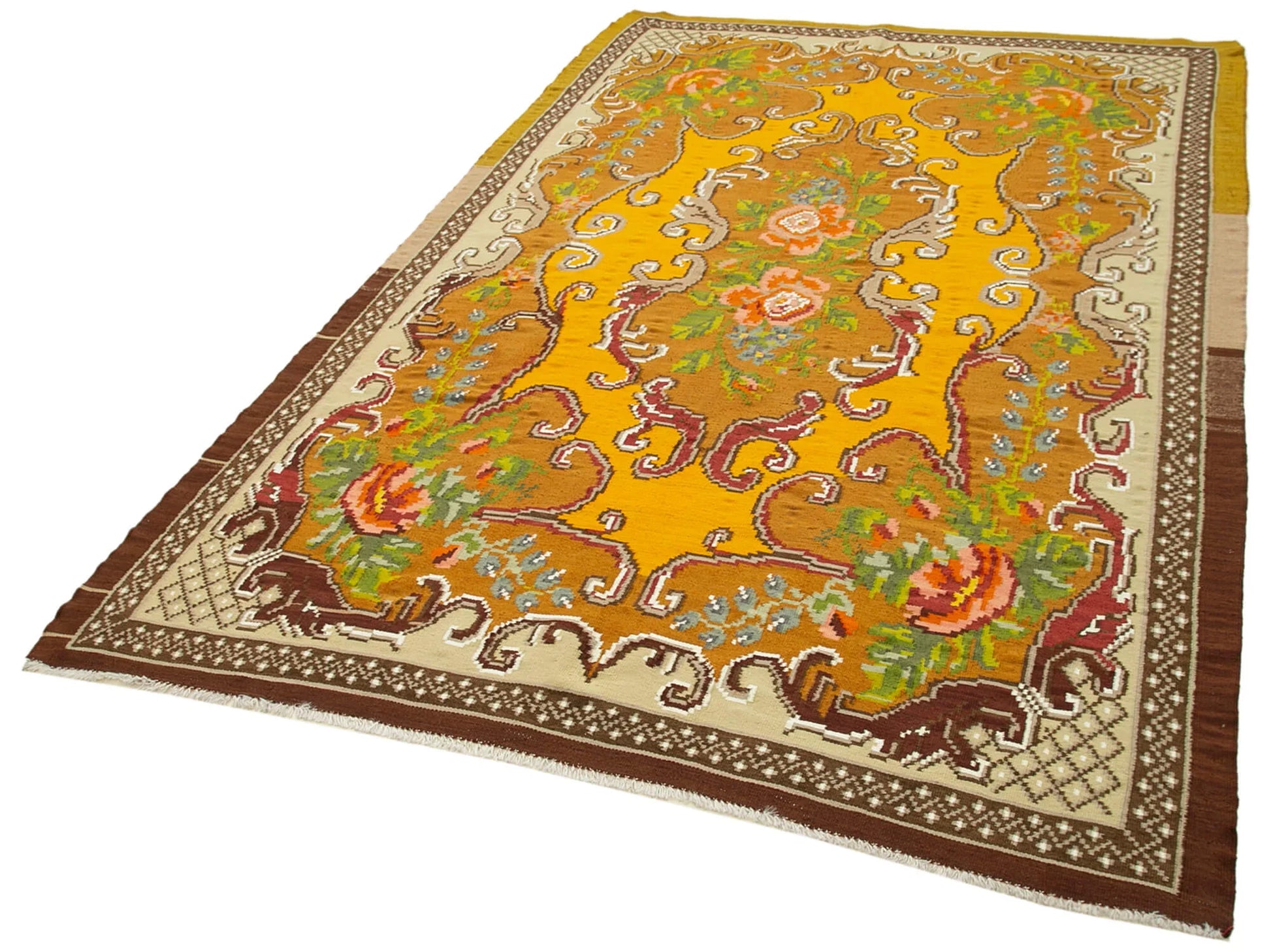 Moldovian Floral Kahverengi Çiçekli Pamuk Yün Keçi Tüyü El Dokuma Halısı 174x283 Agacan