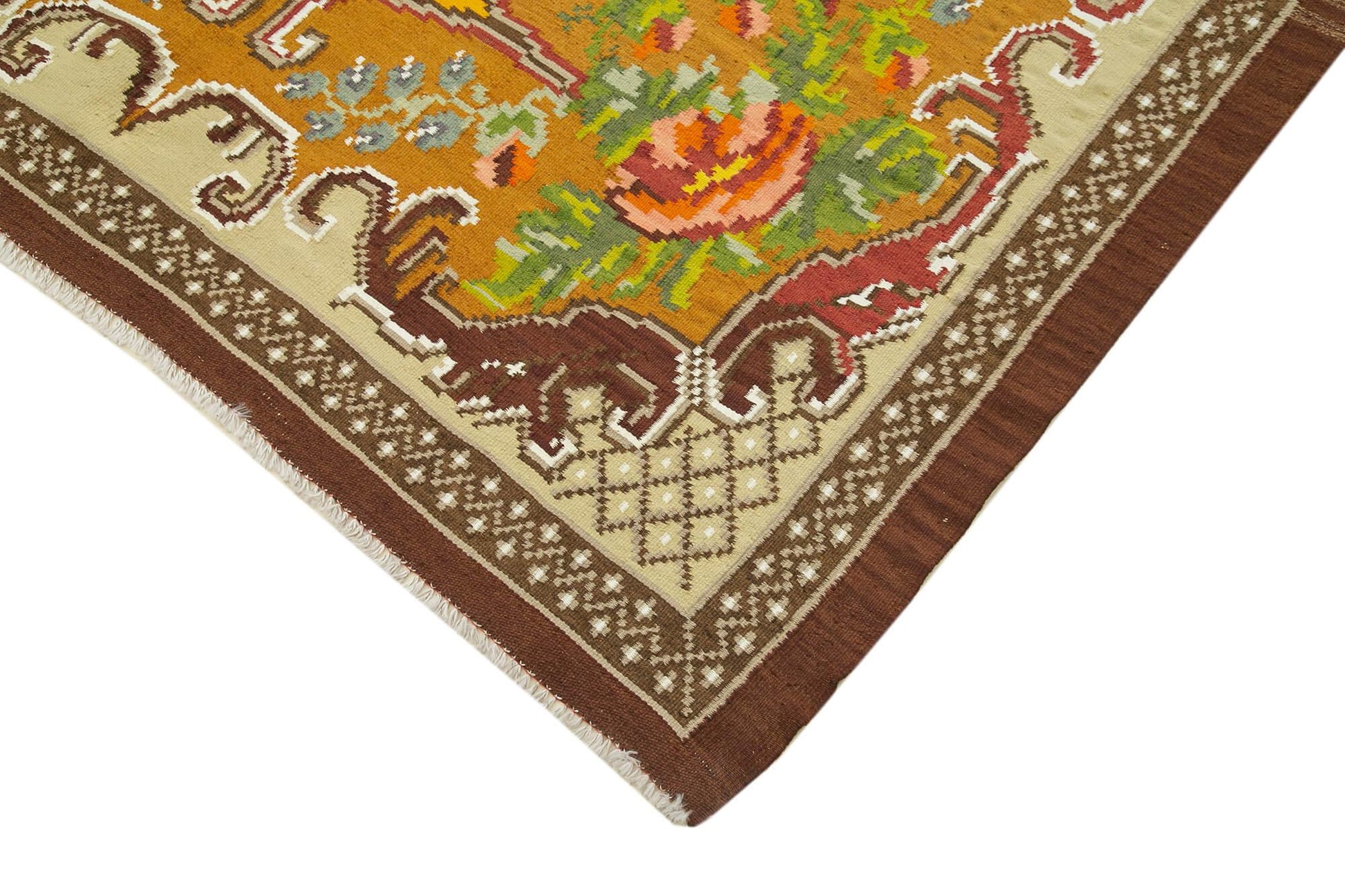 Moldovian Floral Kahverengi Çiçekli Pamuk Yün Keçi Tüyü El Dokuma Halısı 174x283 Agacan