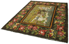 Moldovian Floral Siyah Çiçekli Pamuk Yün Keçi Tüyü El Dokuma Halısı 192x240 Agacan