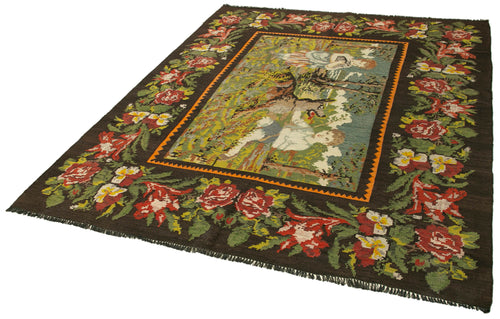 Moldovian Floral Siyah Çiçekli Pamuk Yün Keçi Tüyü El Dokuma Halısı 192x240 Agacan