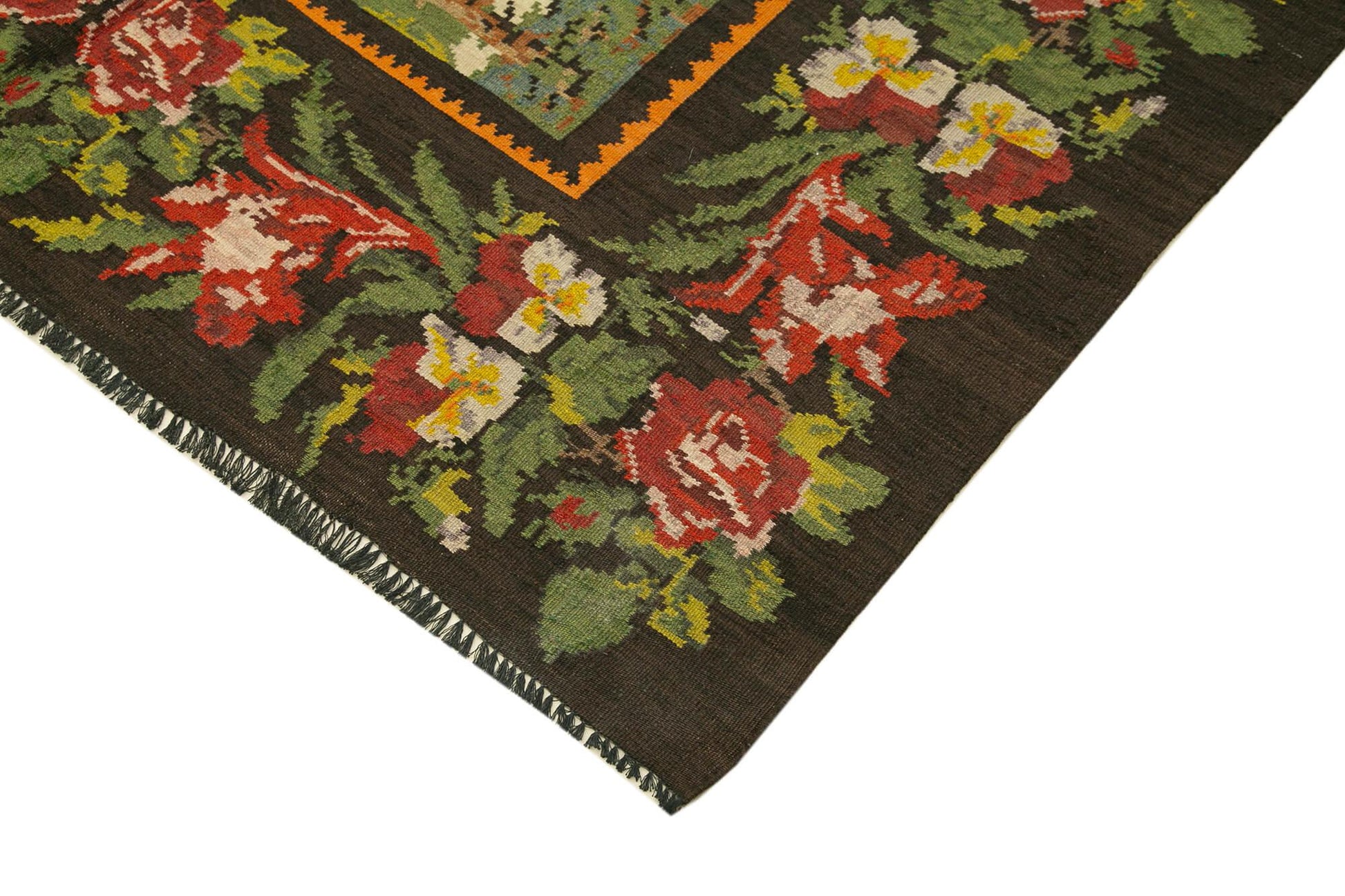 Moldovian Floral Siyah Çiçekli Pamuk Yün Keçi Tüyü El Dokuma Halısı 192x240 Agacan