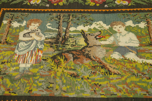 Moldovian Floral Siyah Çiçekli Pamuk Yün Keçi Tüyü El Dokuma Halısı 192x240 Agacan