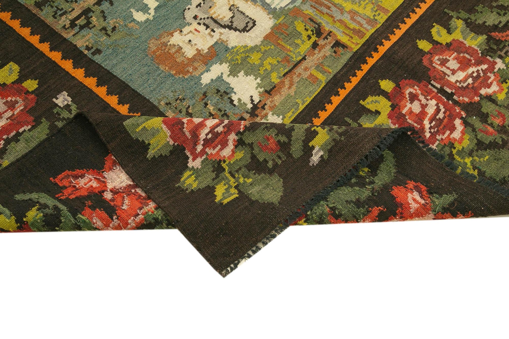 Moldovian Floral Siyah Çiçekli Pamuk Yün Keçi Tüyü El Dokuma Halısı 192x240 Agacan
