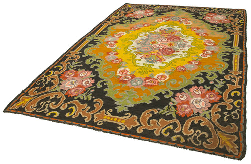 Moldovian Floral Siyah Çiçekli Pamuk Yün Keçi Tüyü El Dokuma Halısı 208x330 Agacan
