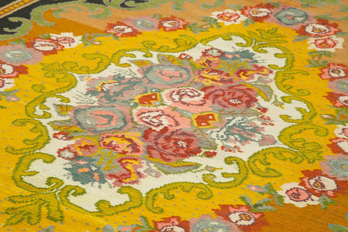 Moldovian Floral Siyah Çiçekli Pamuk Yün Keçi Tüyü El Dokuma Halısı 208x330 Agacan