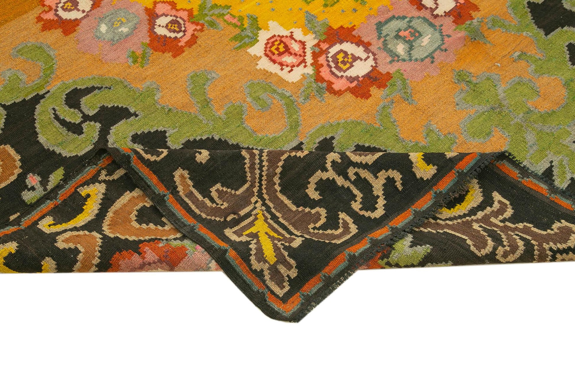 Moldovian Floral Siyah Çiçekli Pamuk Yün Keçi Tüyü El Dokuma Halısı 208x330 Agacan