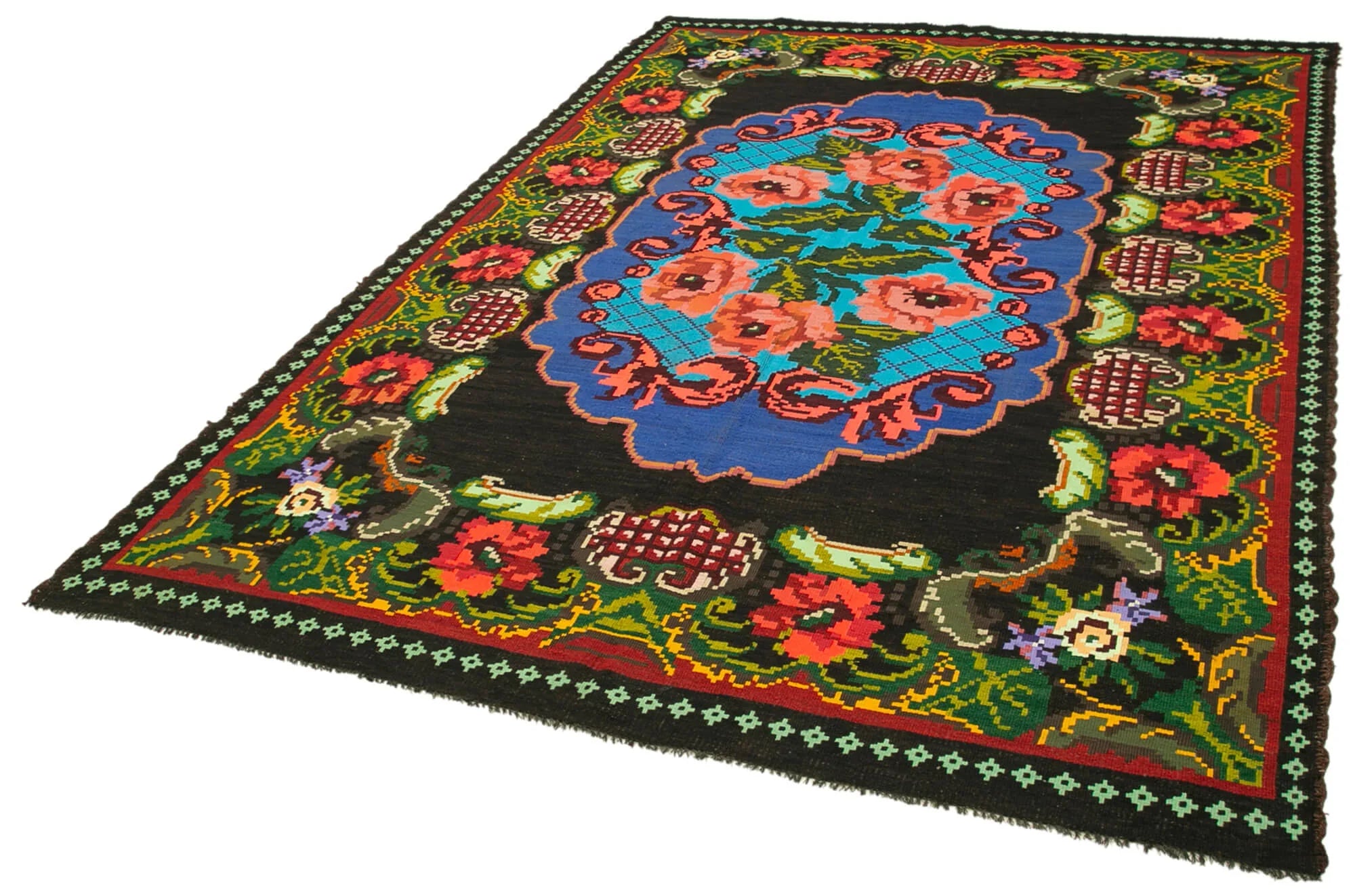 Moldovian Floral Siyah Çiçekli Pamuk Yün Keçi Tüyü El Dokuma Halısı 200x296 Agacan
