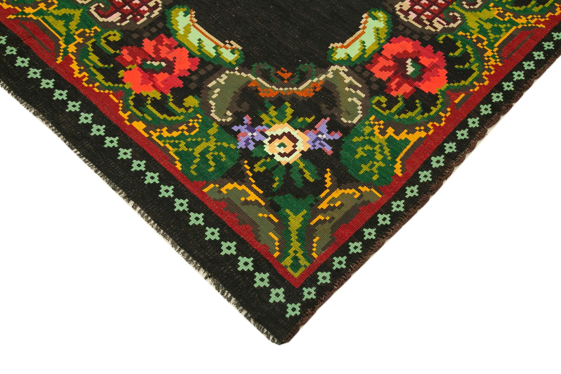 Moldovian Floral Siyah Çiçekli Pamuk Yün Keçi Tüyü El Dokuma Halısı 200x296 Agacan
