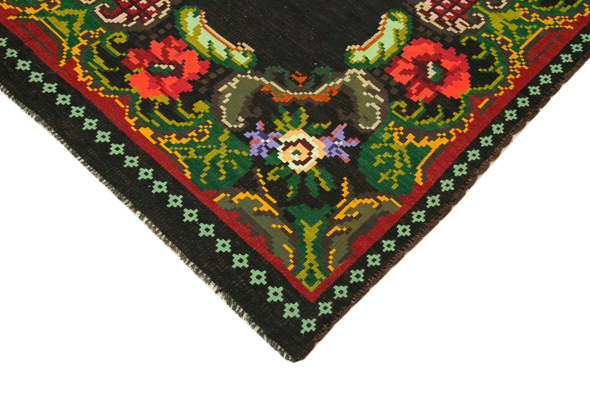 Moldovian Floral Siyah Çiçekli Pamuk Yün Keçi Tüyü El Dokuma Halısı 200x296 Agacan