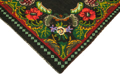 Moldovian Floral Siyah Çiçekli Pamuk Yün Keçi Tüyü El Dokuma Halısı 200x296 Agacan