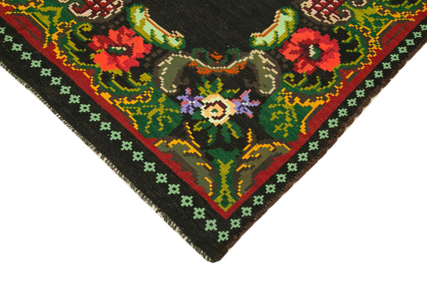 Moldovian Floral Siyah Çiçekli Pamuk Yün Keçi Tüyü El Dokuma Halısı 200x296 Agacan