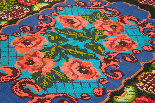 Moldovian Floral Siyah Çiçekli Pamuk Yün Keçi Tüyü El Dokuma Halısı 200x296 Agacan